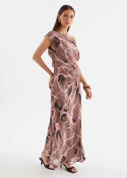 Chocolate Swirl Violet One-Shoulder Maxi Dress
