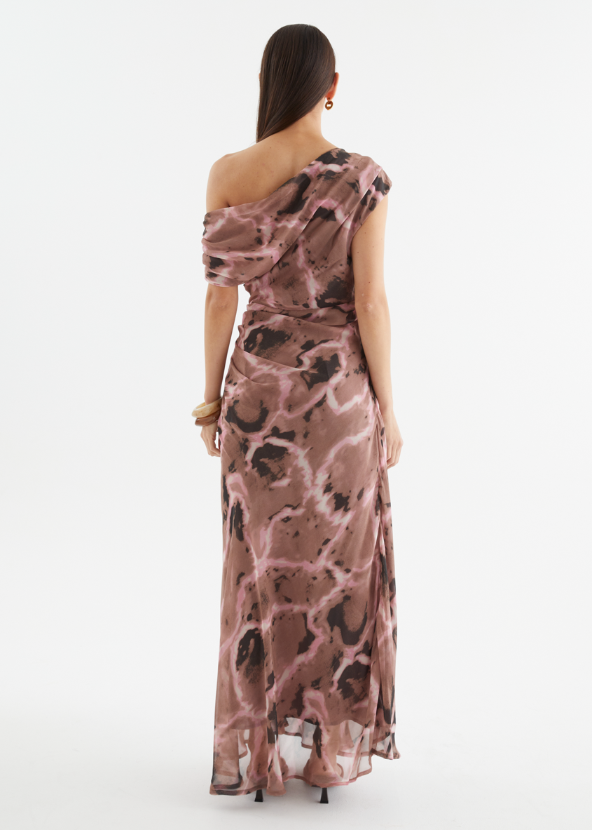Chocolate Swirl Violet One-Shoulder Maxi Dress