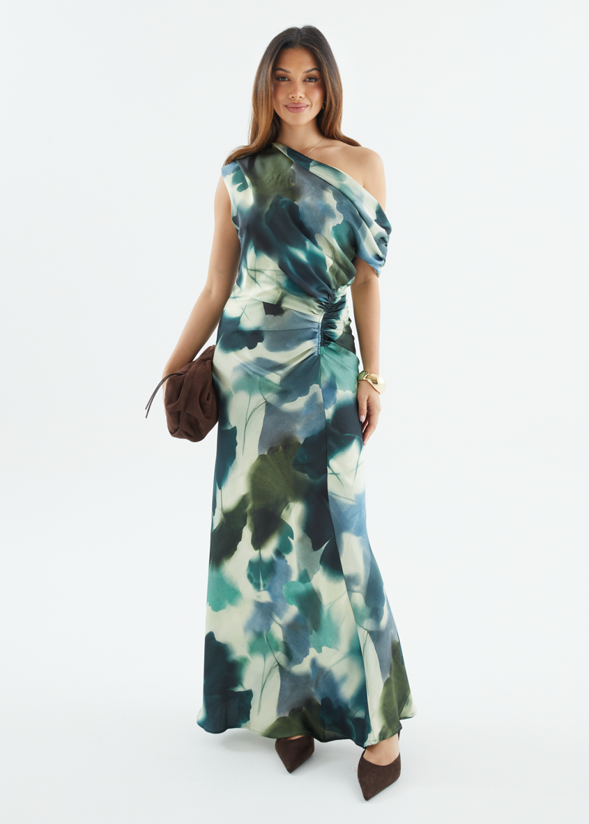 Forest Abstract Violet One-Shoulder Maxi Dress