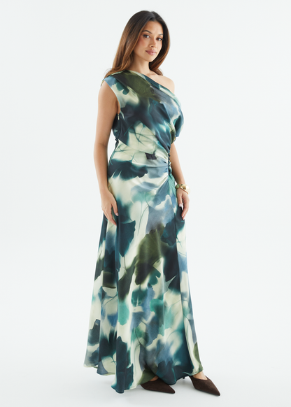 Forest Abstract Violet One-Shoulder Maxi Dress