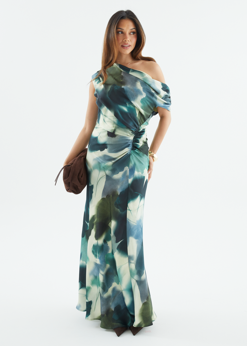 Forest Abstract Violet One-Shoulder Maxi Dress