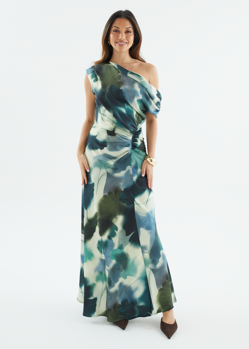 Forest Abstract Violet One-Shoulder Maxi Dress