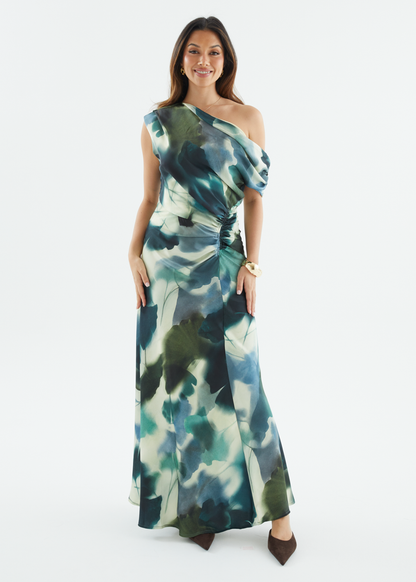 Forest Abstract Violet One-Shoulder Maxi Dress