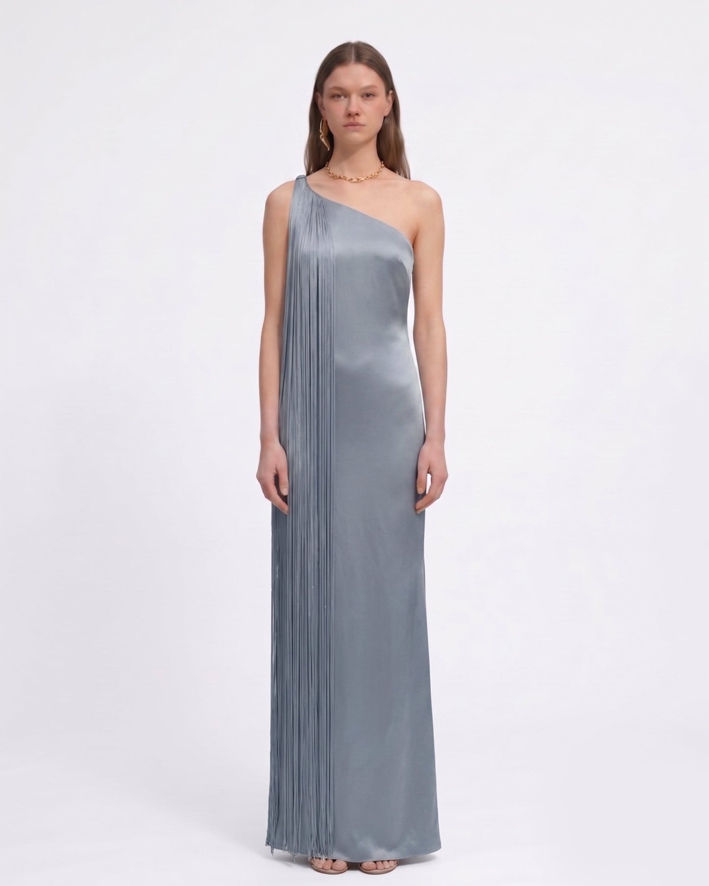Misty Blue Margot One-Shoulder Fringe Maxi Dress