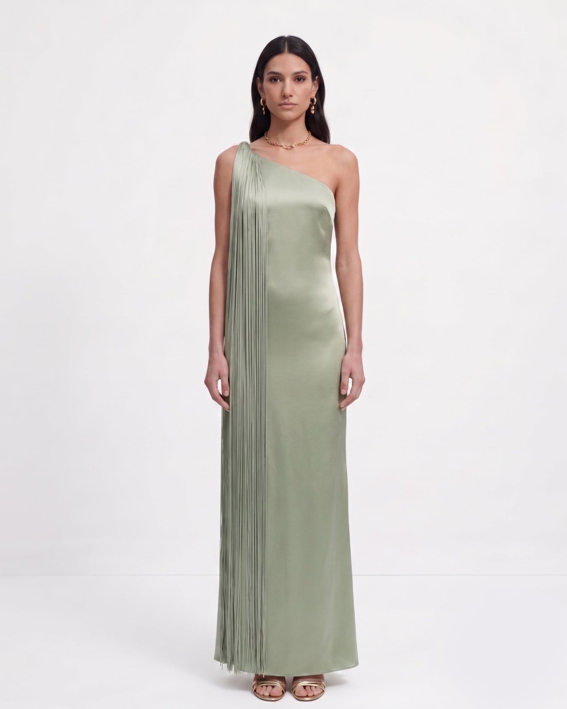 Sage Green Margot One-Shoulder Fringe Maxi Dress