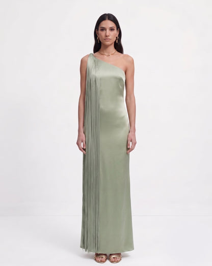 Sage Green Margot One-Shoulder Fringe Maxi Dress