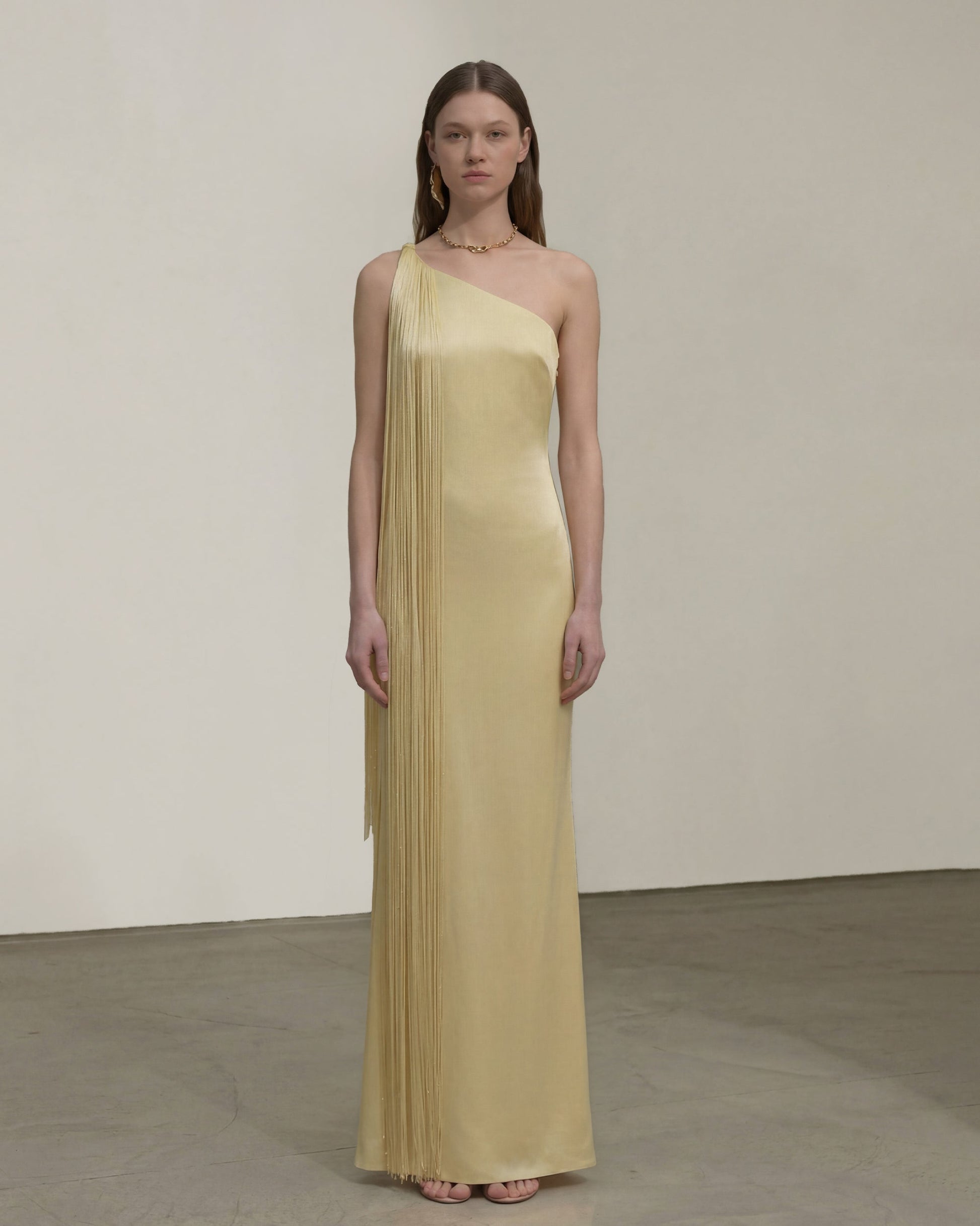 Champagne Margot One-Shoulder Fringe Maxi Dress