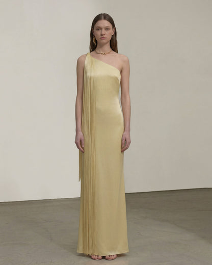 Champagne Margot One-Shoulder Fringe Maxi Dress