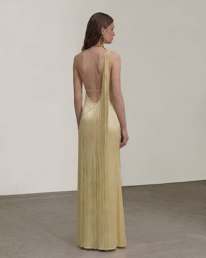 Champagne Margot One-Shoulder Fringe Maxi Dress
