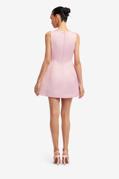 Bouquet Print in Pastel Pink Ali Embroidered Boat Neck Mini Dress