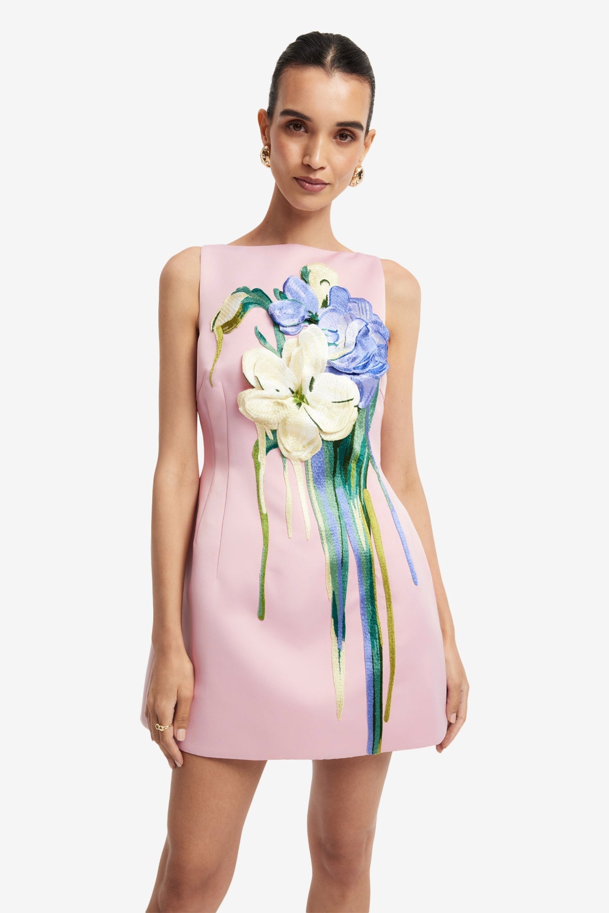 Bouquet Print in Pastel Pink Ali Embroidered Boat Neck Mini Dress