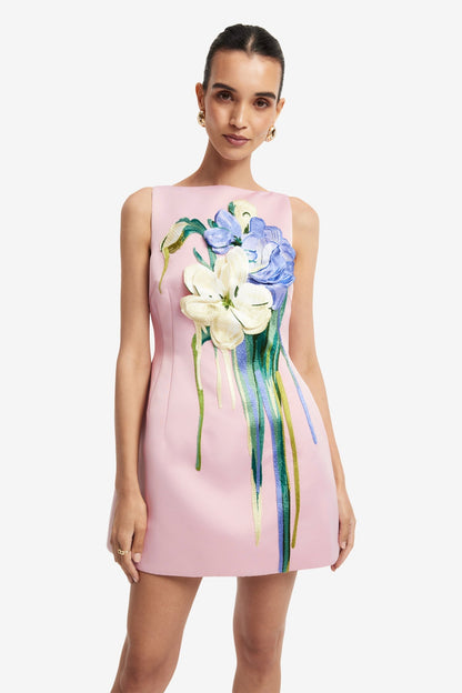 Bouquet Print in Pastel Pink Ali Embroidered Boat Neck Mini Dress
