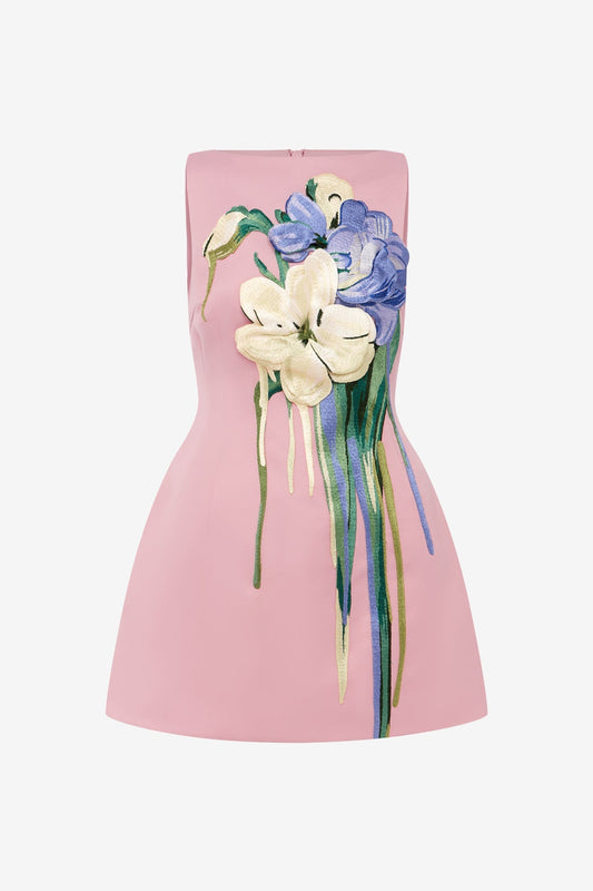 Bouquet Print in Pastel Pink Ali Embroidered Boat Neck Mini Dress