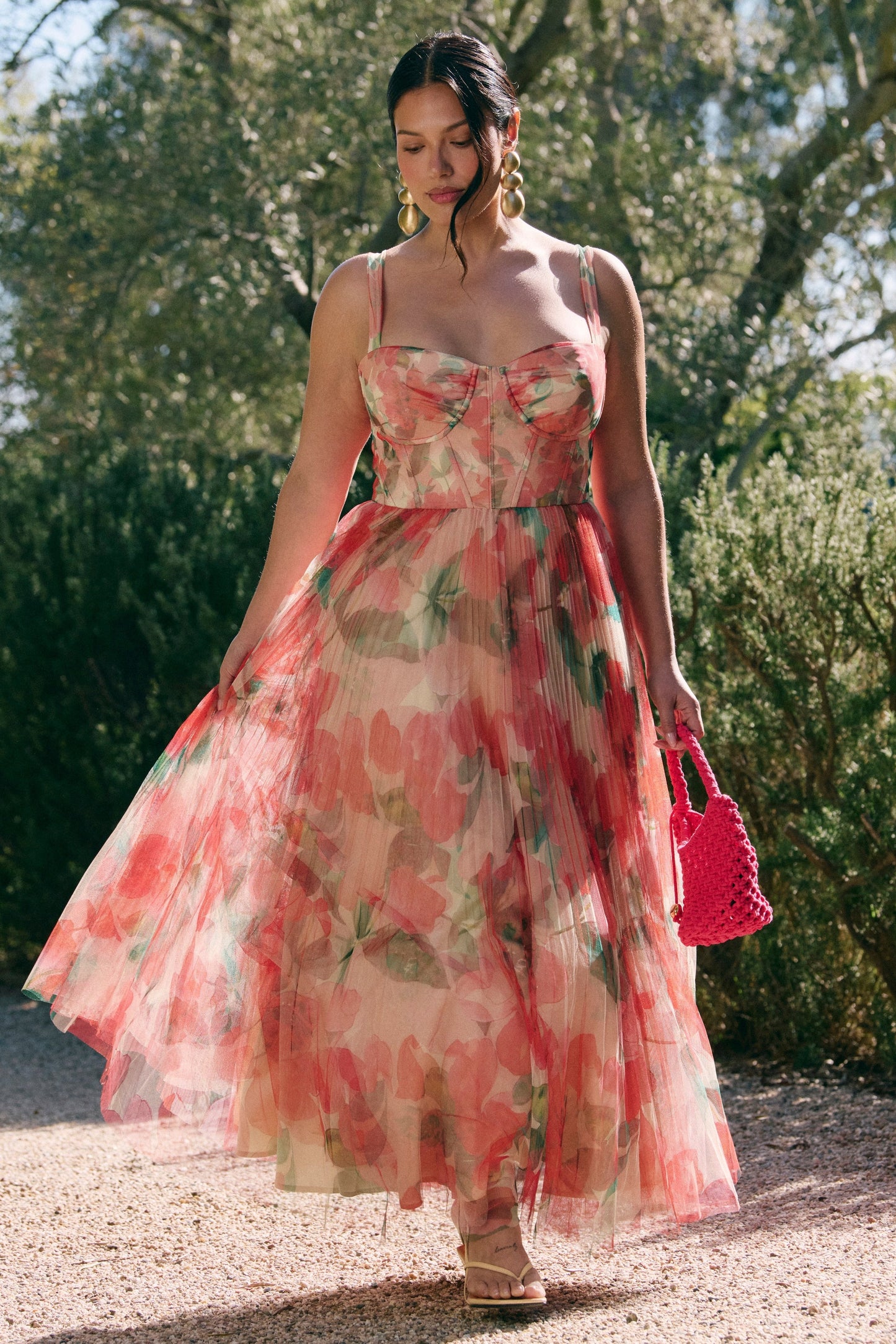 Ivory/Coral Watercolor Bloomed Floral Margot Watercolor Floral Gown