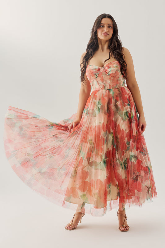 Ivory/Coral Watercolor Bloomed Floral Margot Watercolor Floral Gown
