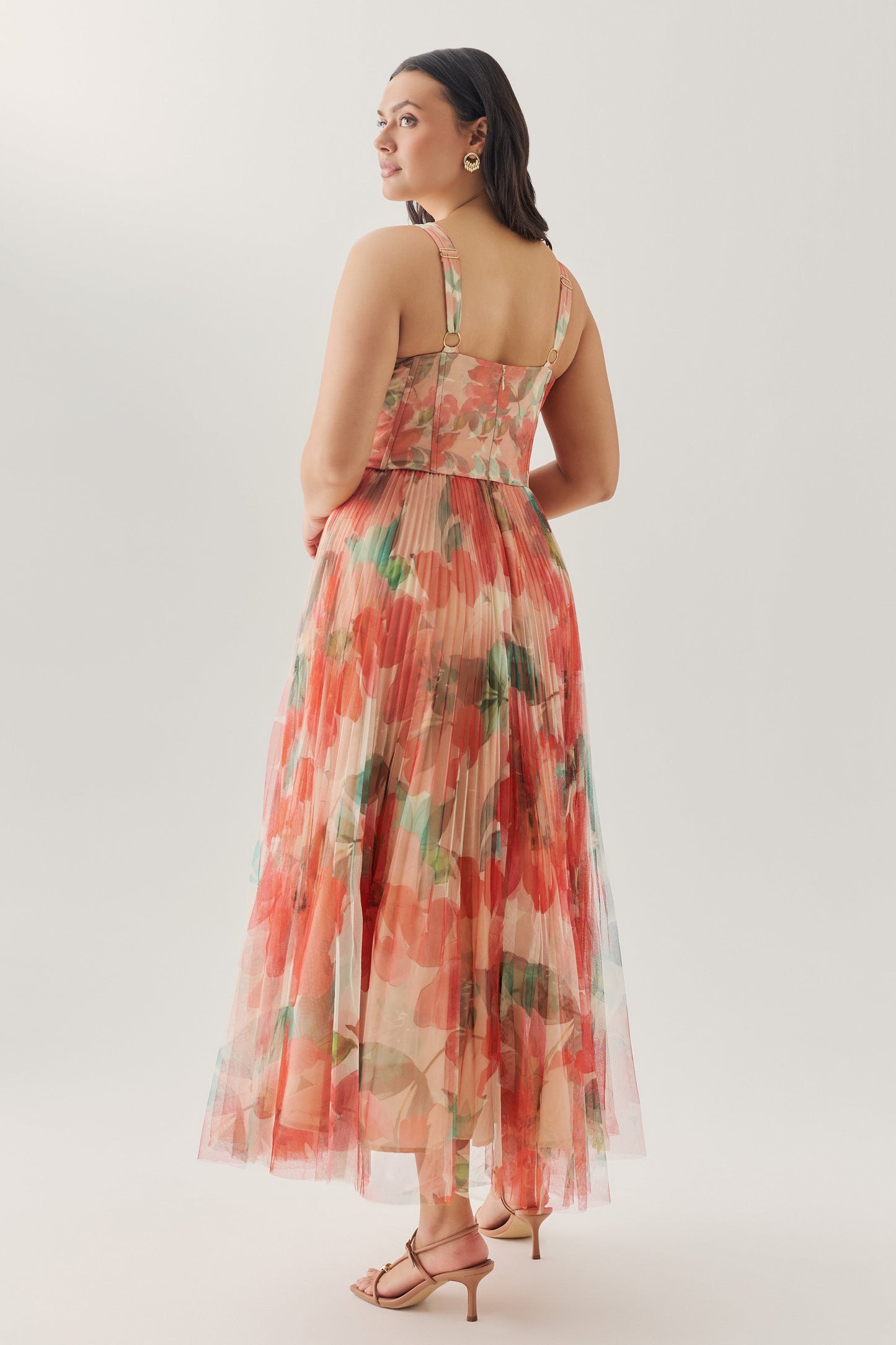 Ivory/Coral Watercolor Bloomed Floral Margot Watercolor Floral Gown