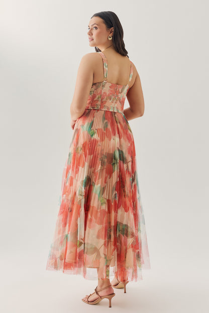 Ivory/Coral Watercolor Bloomed Floral Margot Watercolor Floral Gown