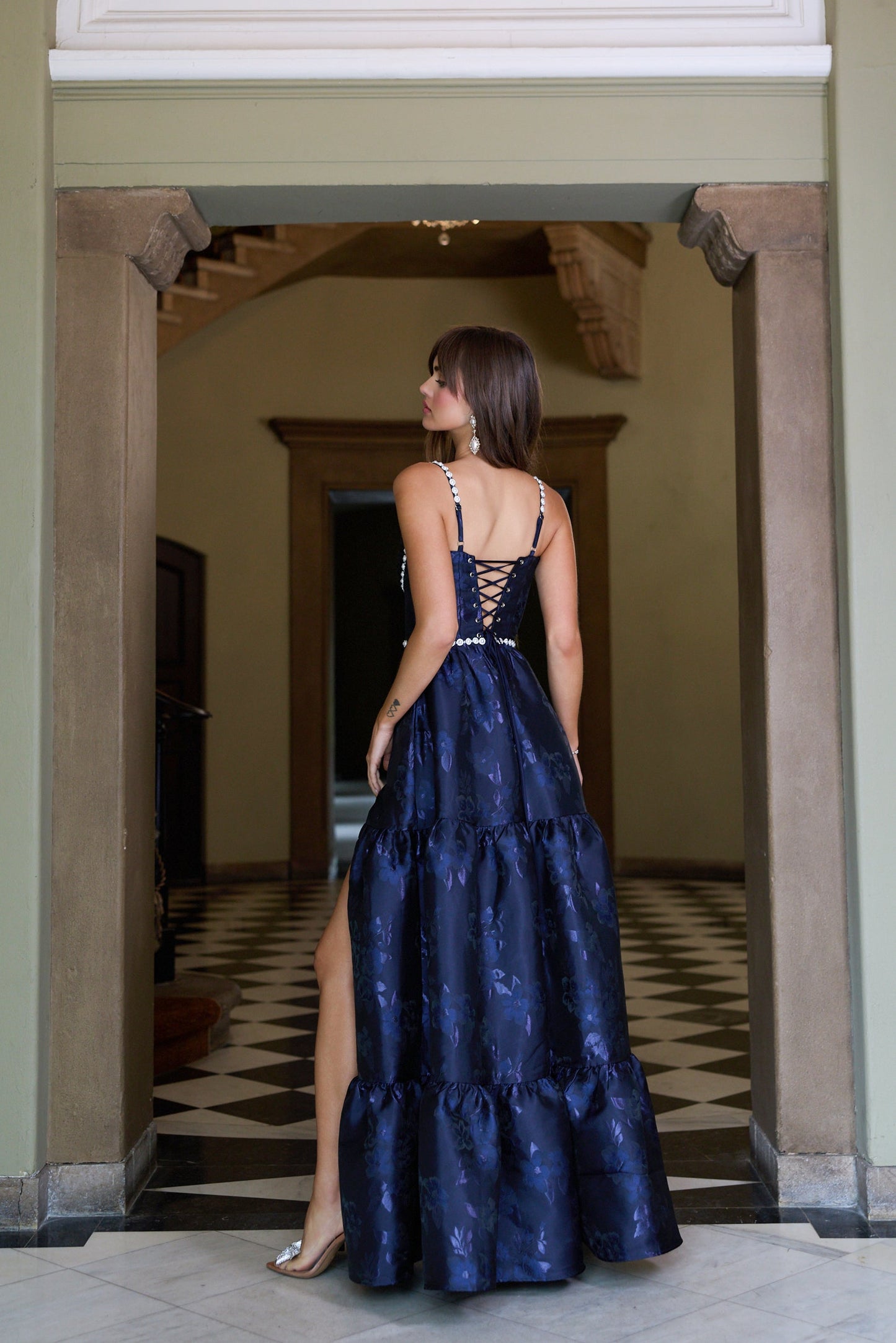 Navy Baroque Floral Lucetta Beaded Baroque Floral Dress