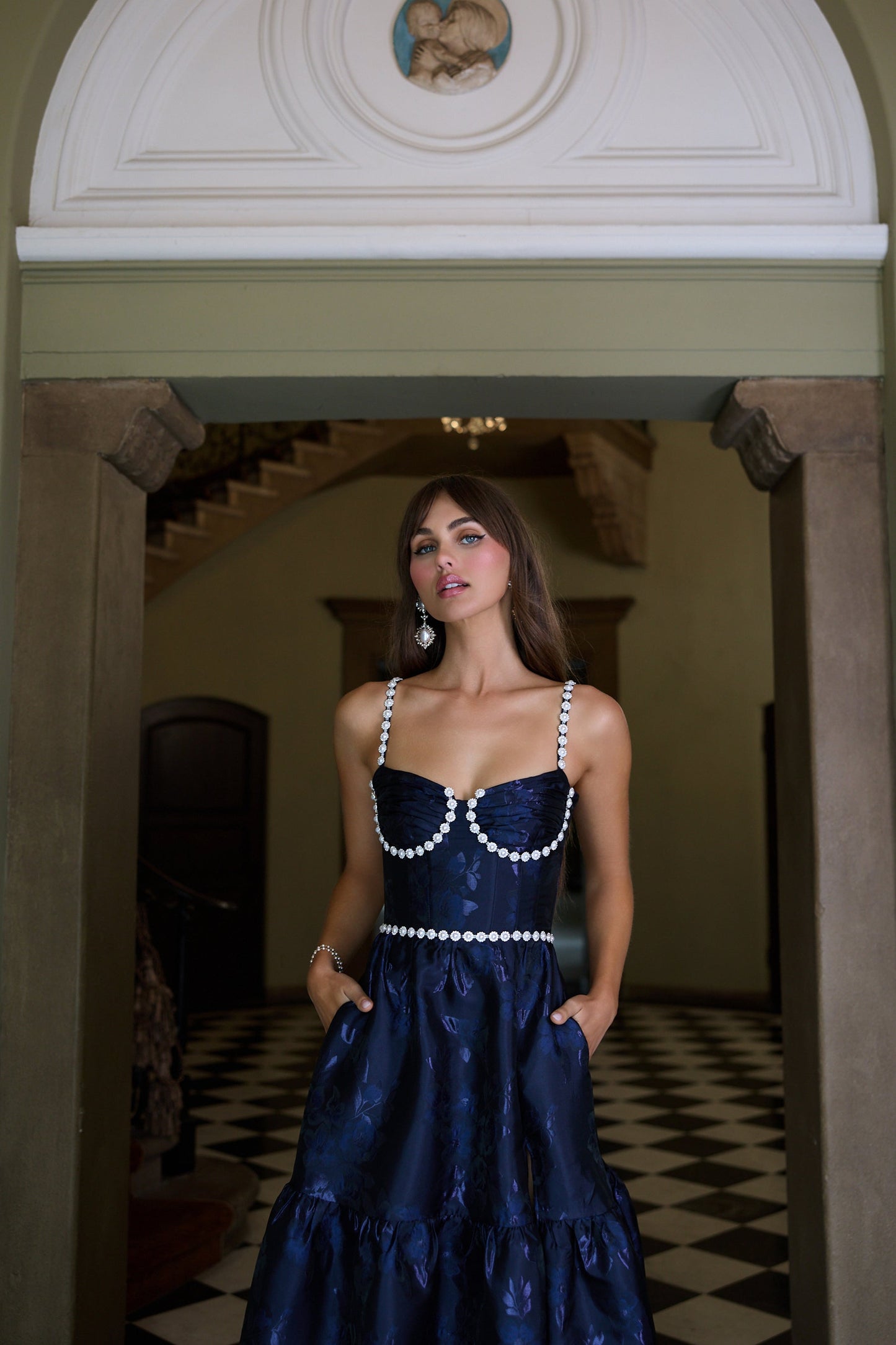 Navy Baroque Floral Lucetta Beaded Baroque Floral Dress
