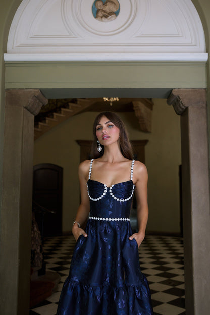 Navy Baroque Floral Lucetta Beaded Baroque Floral Dress