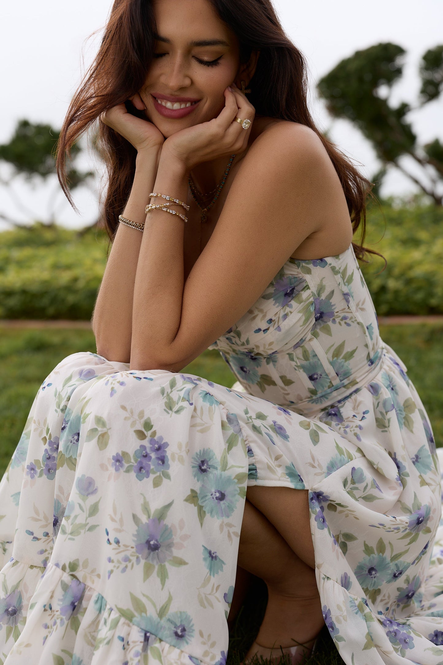 Blue Watercolor Floral Lara Cordoba Print Midi Dress