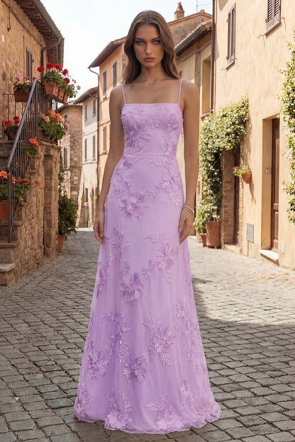Blue Celestine Floral Appliqué A-Line Gown