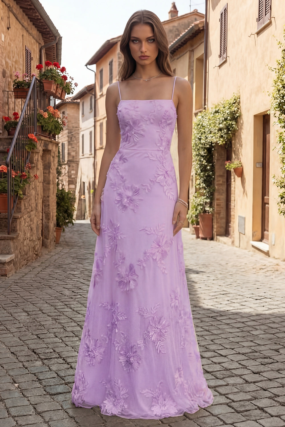 Lilac Celestine Floral Appliqué A-Line Gown