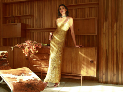 GOLD SEQUINS Lucienne Crepe Midi Dress in Hot Orange