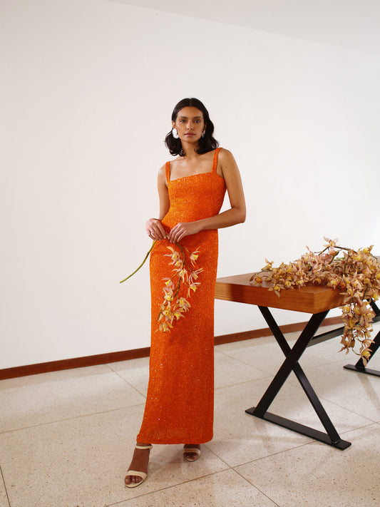 HOT ORANGE Lucienne Crepe Midi Dress in Hot Orange