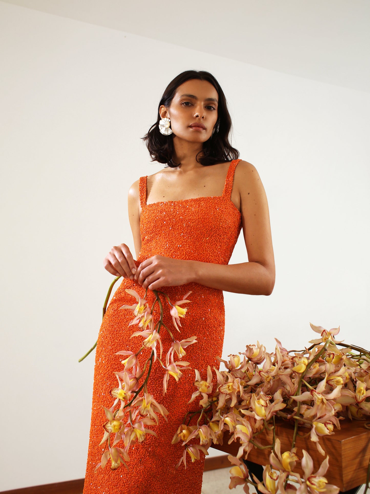 HOT ORANGE Lucienne Crepe Midi Dress in Hot Orange