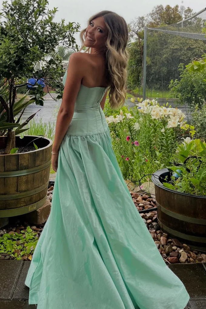 line Strapless Pleats Mint Satin Long Formal Prom Dress Audrey Satin A-Line Gown