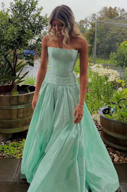 line Strapless Pleats Mint Satin Long Formal Prom Dress Audrey Satin A-Line Gown