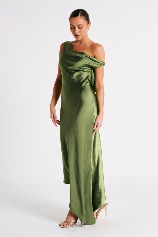 Emerald Yvette Asymmetrical Slip Maxi Dress in Emerald