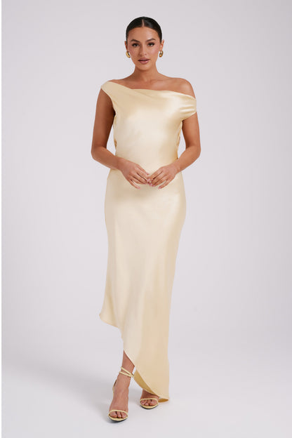 Butter Yvette Asymmetrical Slip Maxi Dress in Emerald