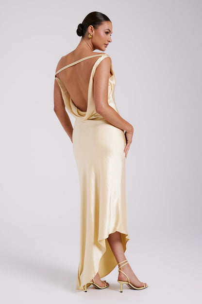 Butter Yvette Asymmetrical Slip Maxi Dress in Emerald