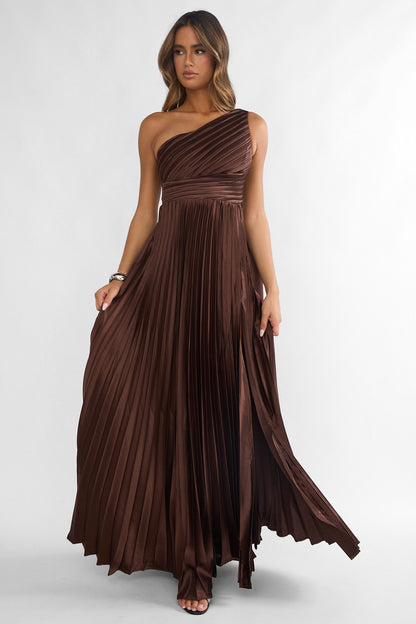 Athena Pleated Maxi Dress in Chocolate
