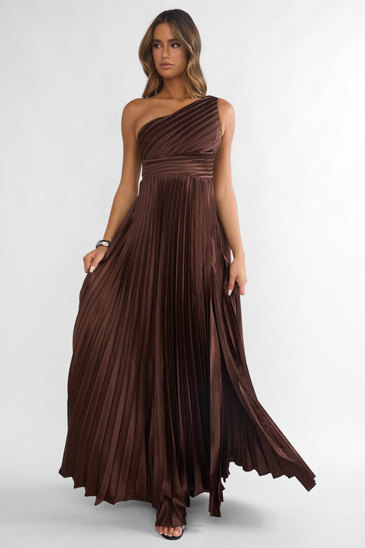 Athena Pleated Maxi Dress in Chocolate