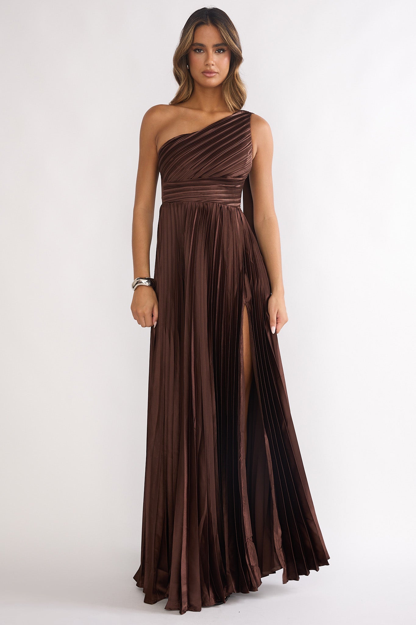 Athena Pleated Maxi Dress in Chocolate