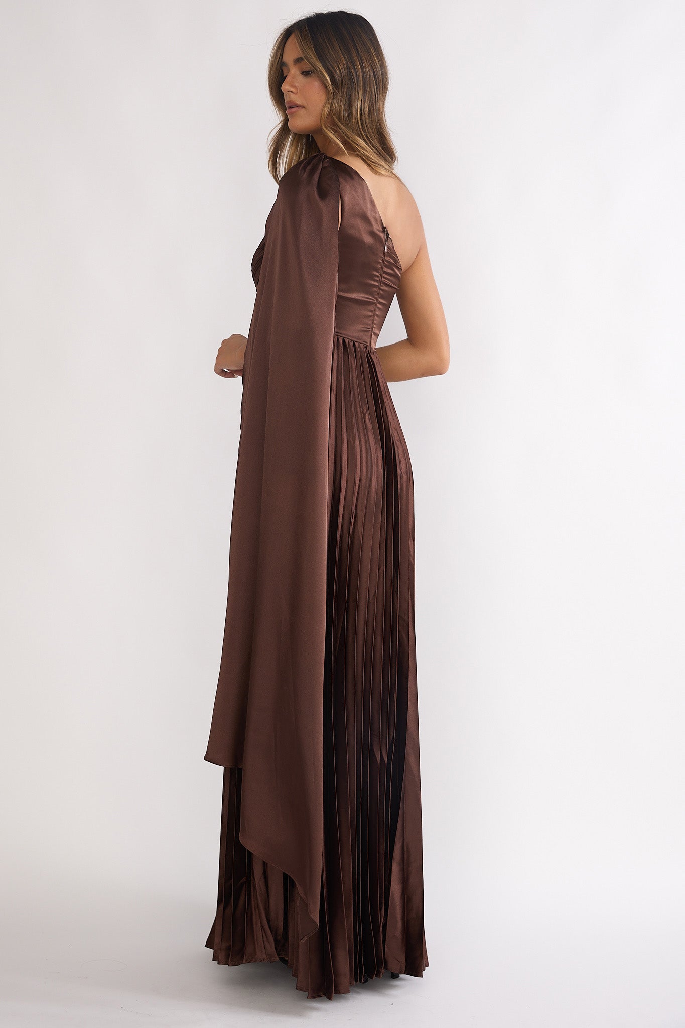 Athena Pleated Maxi Dress in Chocolate
