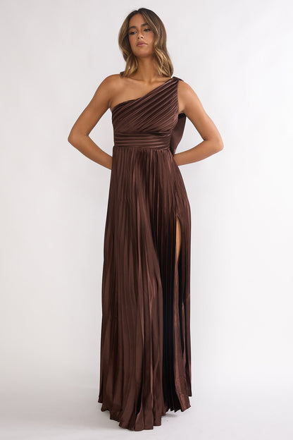 Athena Pleated Maxi Dress in Chocolate