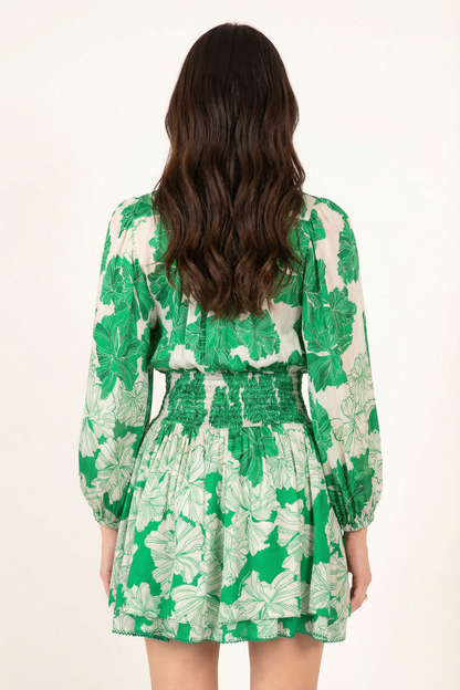 Green Flower Bunch Colleen Jacquard Mini Dress in Indigo