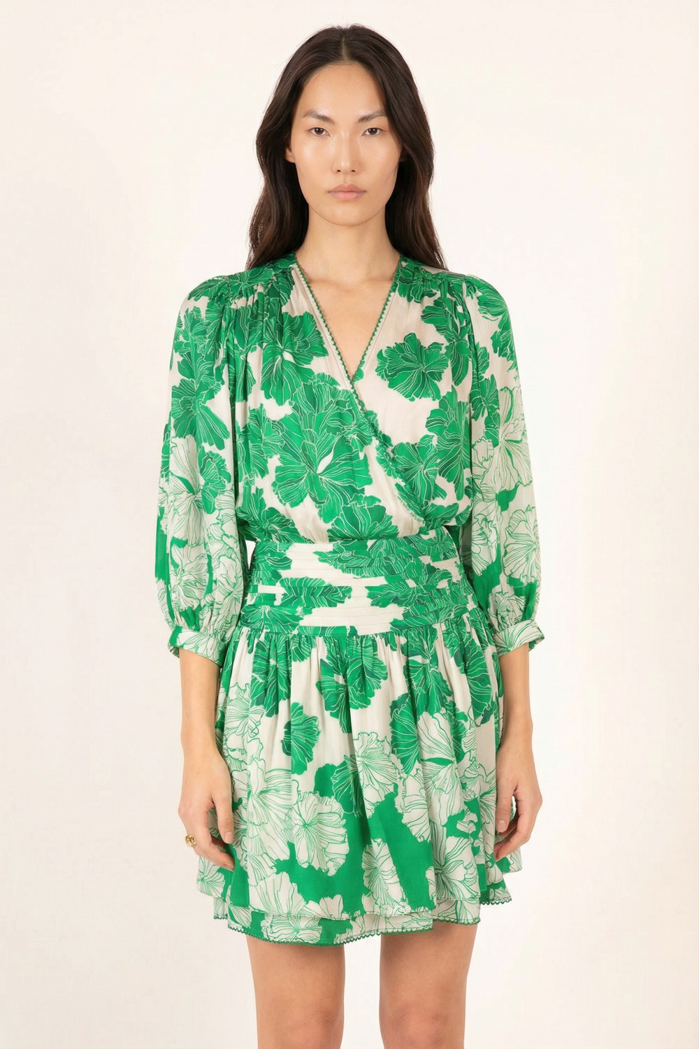 Green Flower Bunch Colleen Jacquard Mini Dress in Indigo