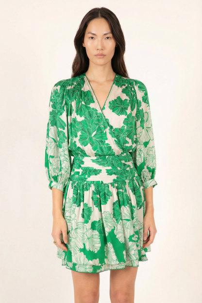 Green Flower Bunch Colleen Jacquard Mini Dress in Indigo