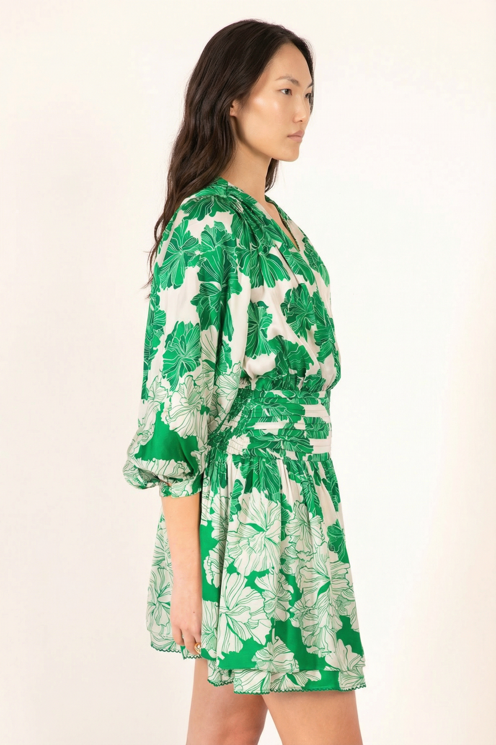 Green Flower Bunch Colleen Jacquard Mini Dress in Indigo