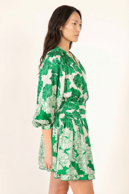 Green Flower Bunch Colleen Jacquard Mini Dress in Indigo
