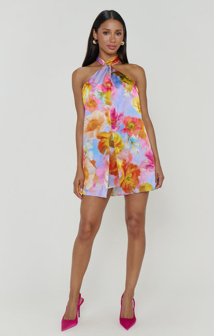 Violet Twist Mini Dress in Brushed Blooms