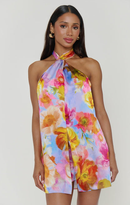 Violet Twist Mini Dress in Brushed Blooms