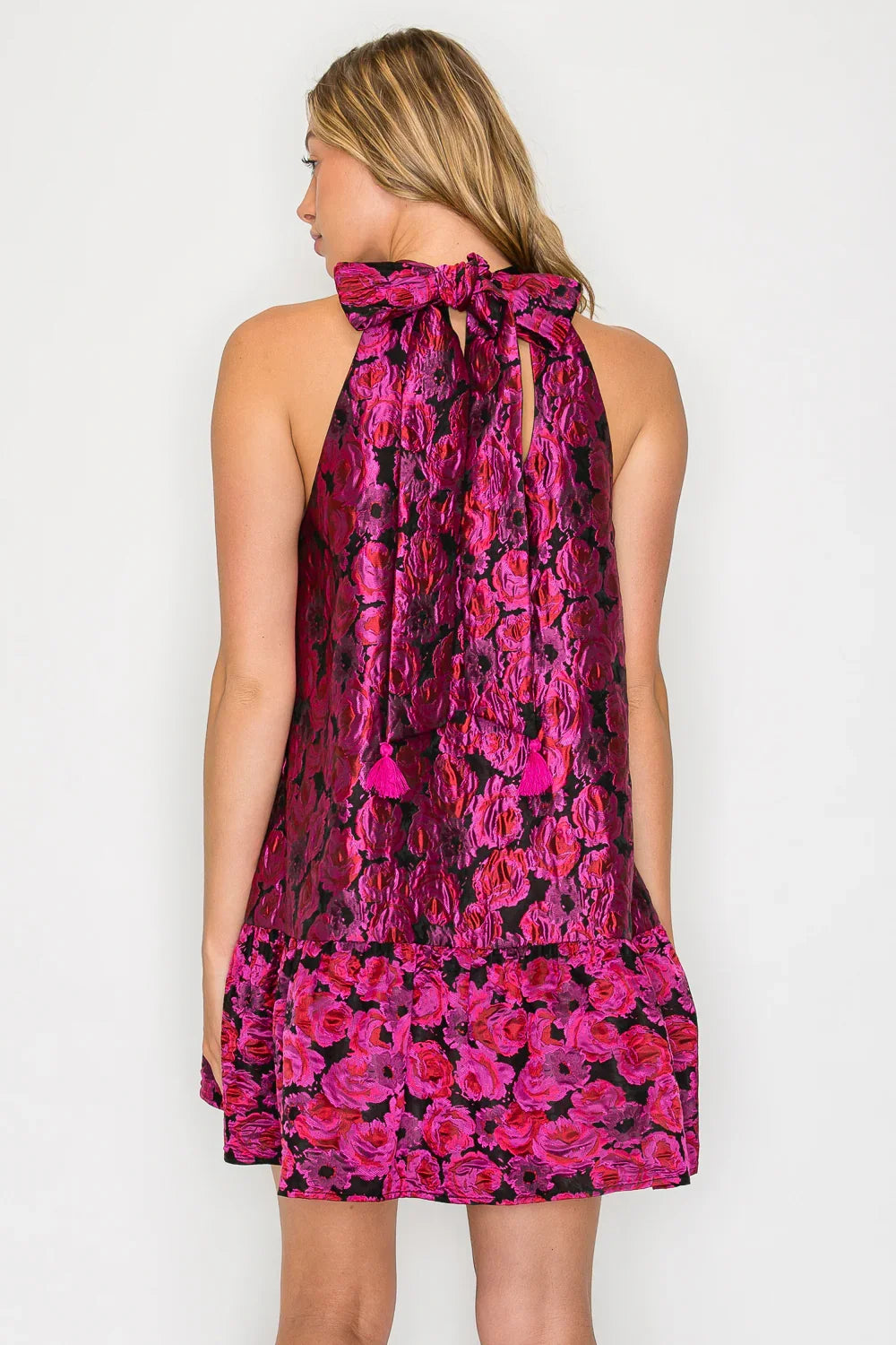 Magenta Hera Halter Dress in Garland Silk