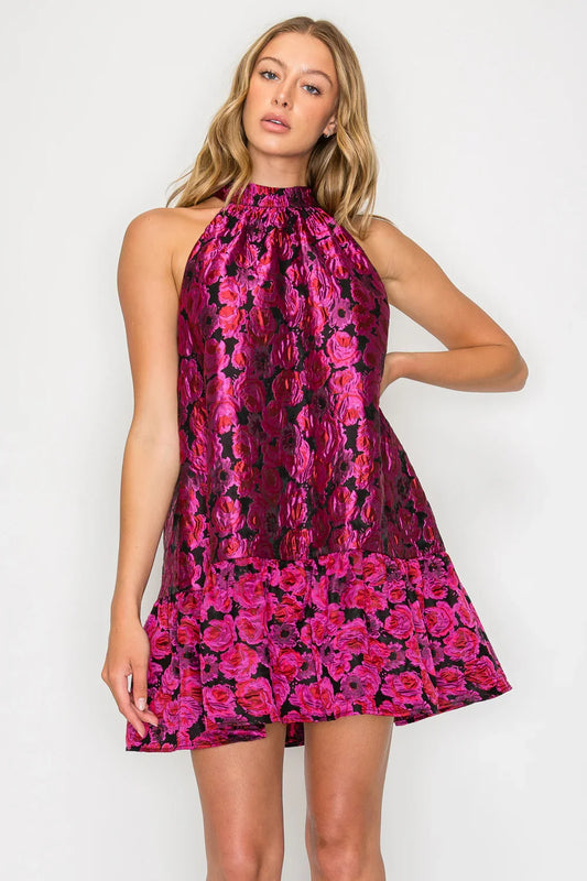 Magenta Hera Halter Dress in Garland Silk