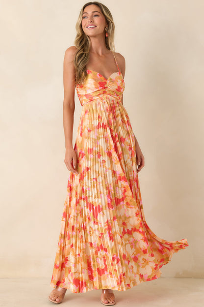 Sunshine Peach & Red Multi Satin Finish Pleated Maxi Dress Aurelia Painted Satin Pleated Maxi Dress